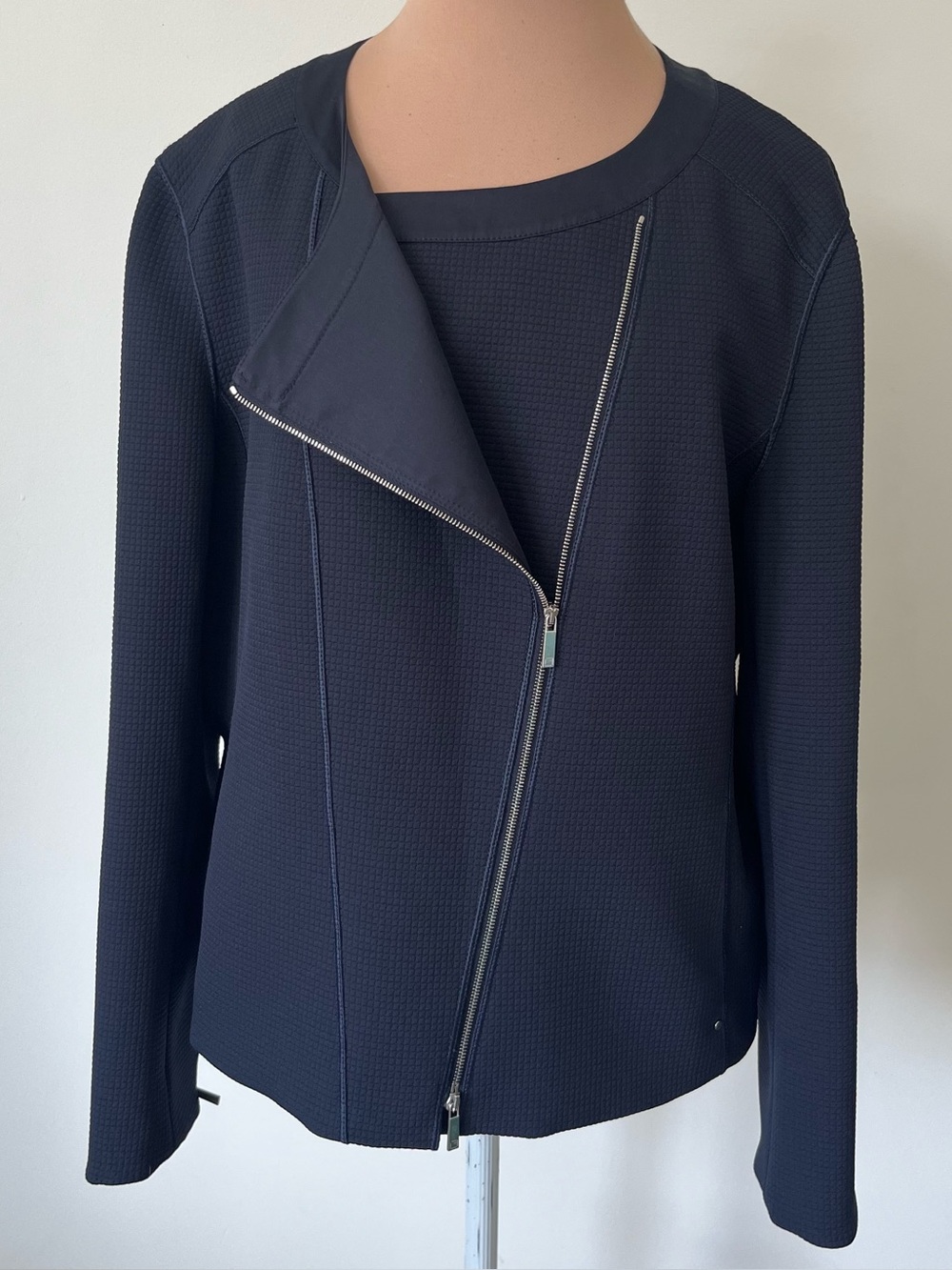 Lafayette 148 Trista Asymmetrical Zipper Waffle Knit Navy Blue Jacket EUC Sz 14
